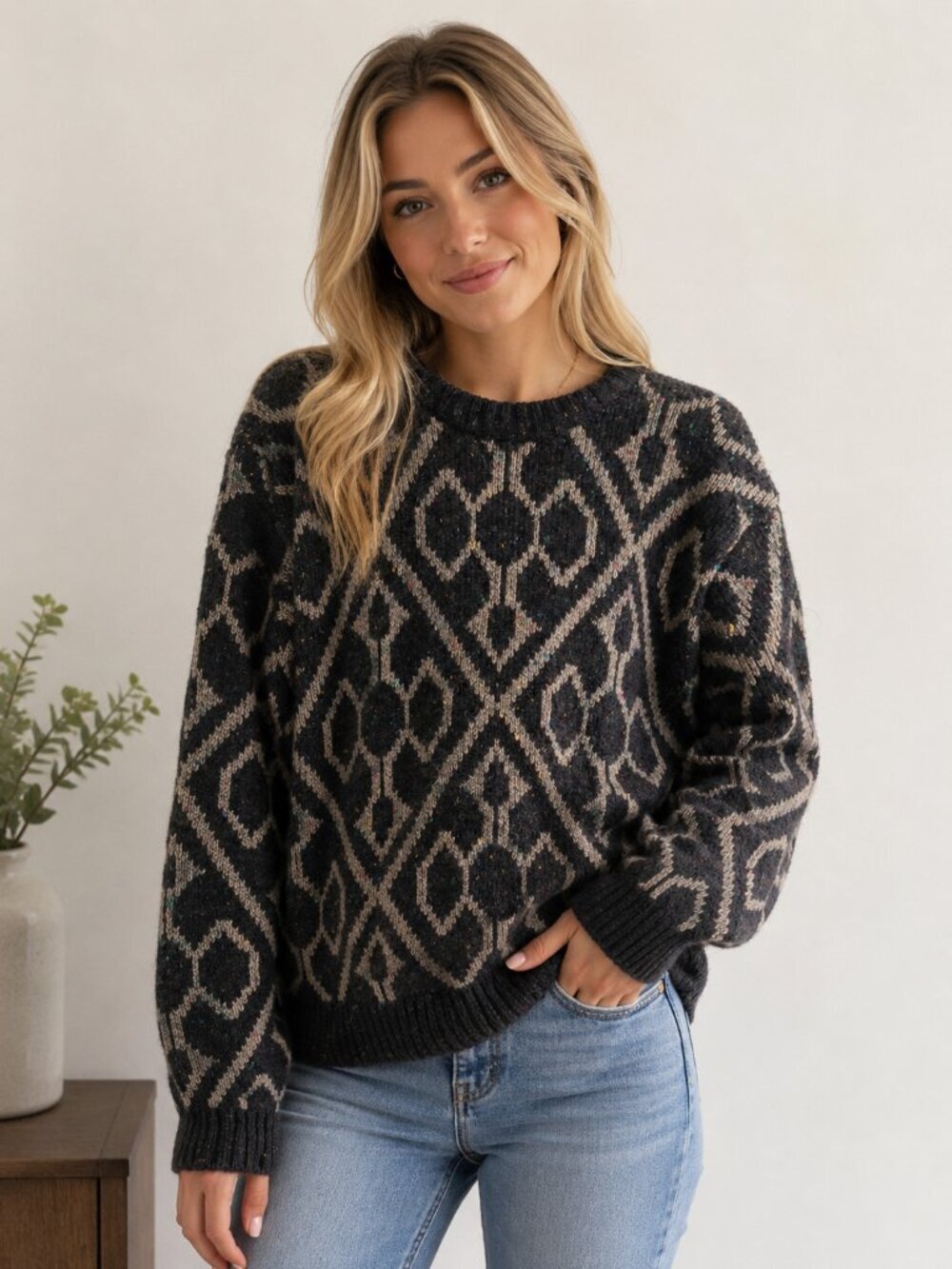 Vintage Dover Geometric Print Wool Blend Pullover Sweater